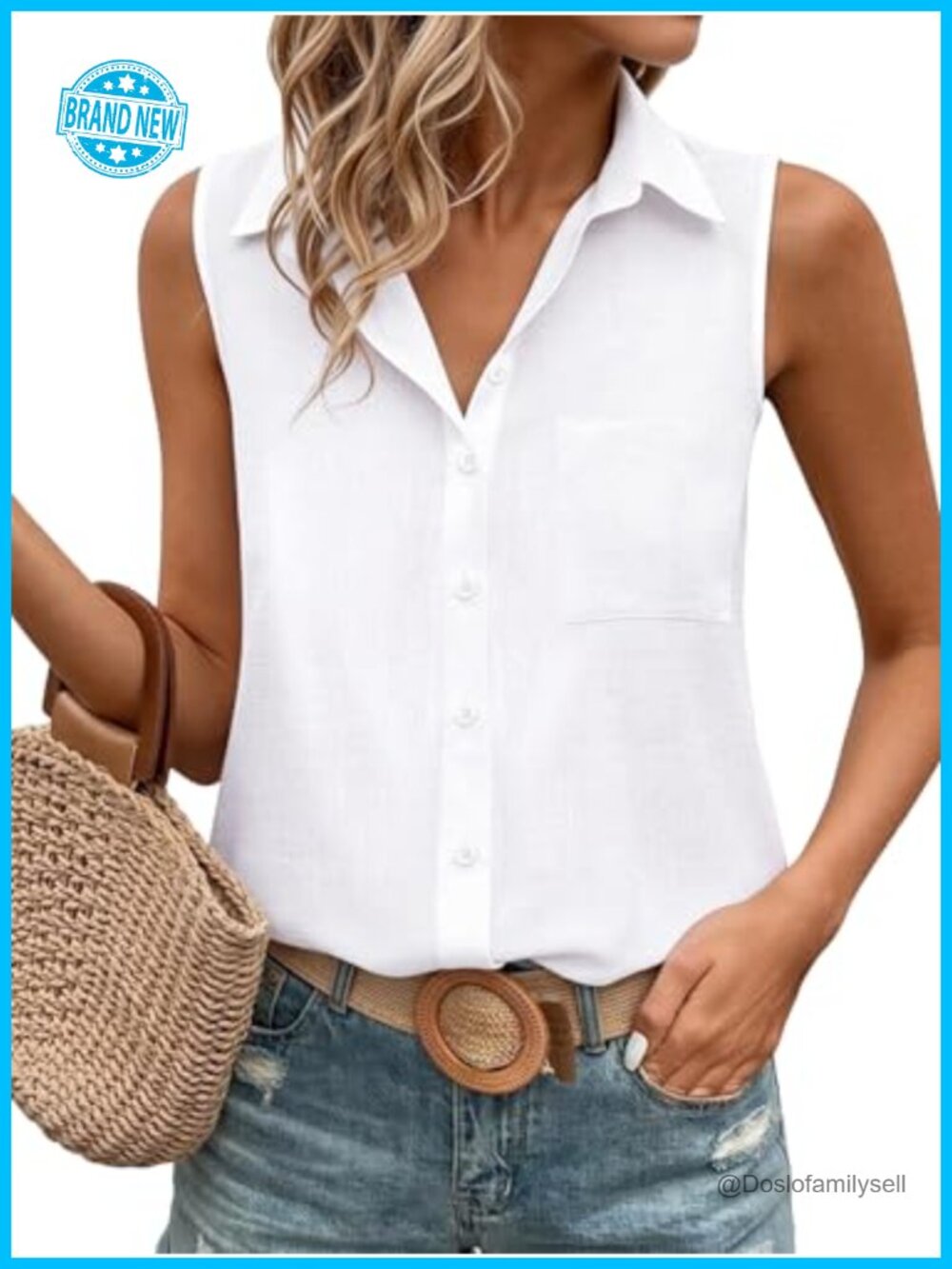 Sleeveless Button Down Shirt Cotton Blouse Collared Tank Top